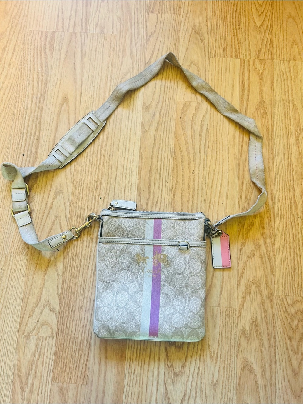 Coach Beige Signature Crossbody with Pink Stripe